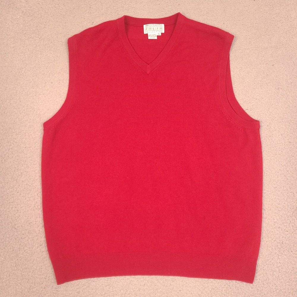 Saks Fifth Avenue Folio Collection Sweater Vest‎ Mens XL Red Cashmere V-Neck VTG